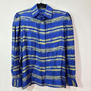 VTG Louis Feraud Paris 100% Silk Long Sleeve Button Up Blouse 36 Blue Stripes